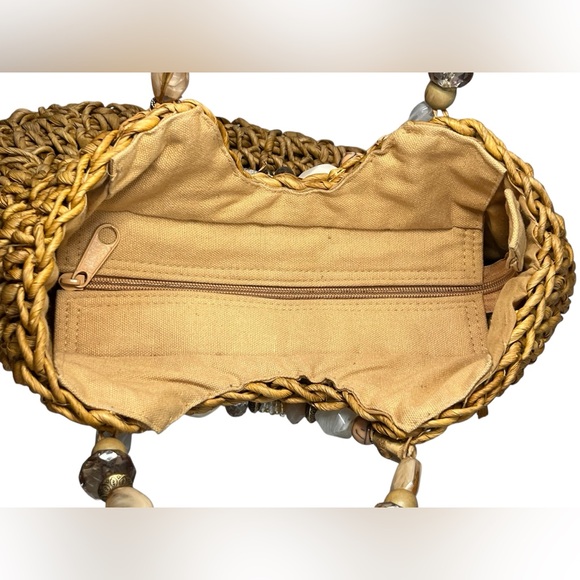 Cappelli Straworld Straw Beaded Handle Bag Boho Woven Raffia Purse Tan - Picture 9 of 11